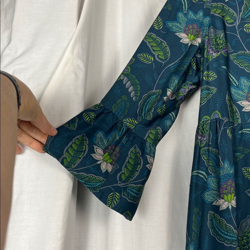 J. Jill Blue and Green Floral Ruffled Midi Dress with Bell Sleeves - Picture 3 of 7